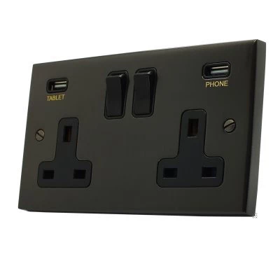 Edward Bronze Plug Socket with USB Charging
