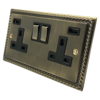 Rope Edge Antique Brass Plug Socket with USB Charging
