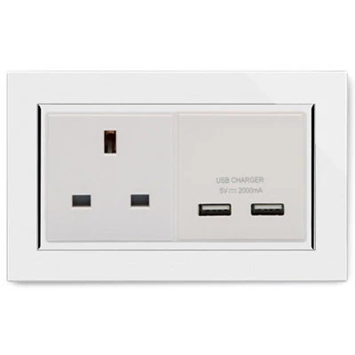 RetroTouch Crystal White Glass with Chrome Trim Plug Socket with USB Charging