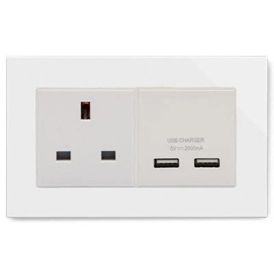 RetroTouch Crystal White Glass Plug Socket with USB Charging