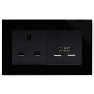 RetroTouch Crystal Black Glass Plug Socket with USB Charging