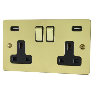 Slim Polished Brass Plug Socket with USB Charging