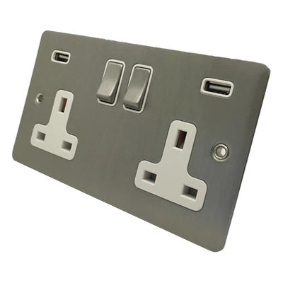 Slim Satin Stainless Plug Socket with USB Charging