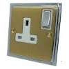 Doublet Satin Brass / Polished Chrome Edge Switched Plug Socket - Click to see large image