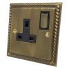 Rope Edge Antique Brass Switched Plug Socket - Click to see large image
