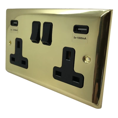Grande Polished Brass Plug Socket with USB Charging