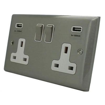 Grande Satin Stainless Plug Socket with USB Charging
