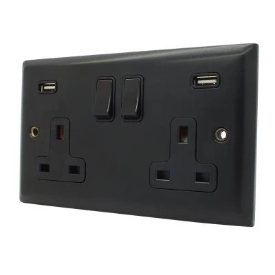 Vogue Matt Black with Chrome Plug Socket with USB Charging