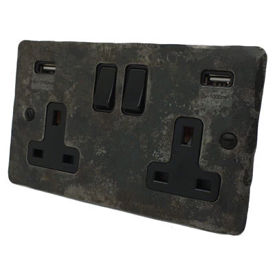 Flat Vintage Rustic Pewter Plug Socket with USB Charging