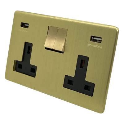 Screwless Supreme Satin Brass Plug Socket with USB Charging