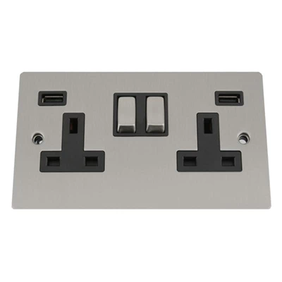 Flat Satin Chrome Plug Socket with USB Charging Flat Satin Chrome Plug Socket with USB Charging