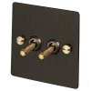 2 Gang 20 Amp 2 Way Toggle (Dolly) Light Switches - Brass Toggles