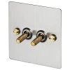 2 Gang 20 Amp 2 Way Toggle (Dolly) Light Switches - Brass Toggles