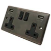 Double Socket with 2 USB A Charging Ports - Black Trim