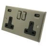 Double 13 Amp Socket with 2 USB A Charging Ports - Black Trim