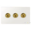 3 Gang 20 Amp 2 Way Toggle (Dolly) Light Switches - Shown with Satin Brass Toggles, Please Ask If You Would Like A Different Toggle Finish (White Is Not Available)