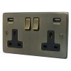 2 Gang - Double 13 Amp Plug Socket with 2 USB A Charging Ports - Black Trim